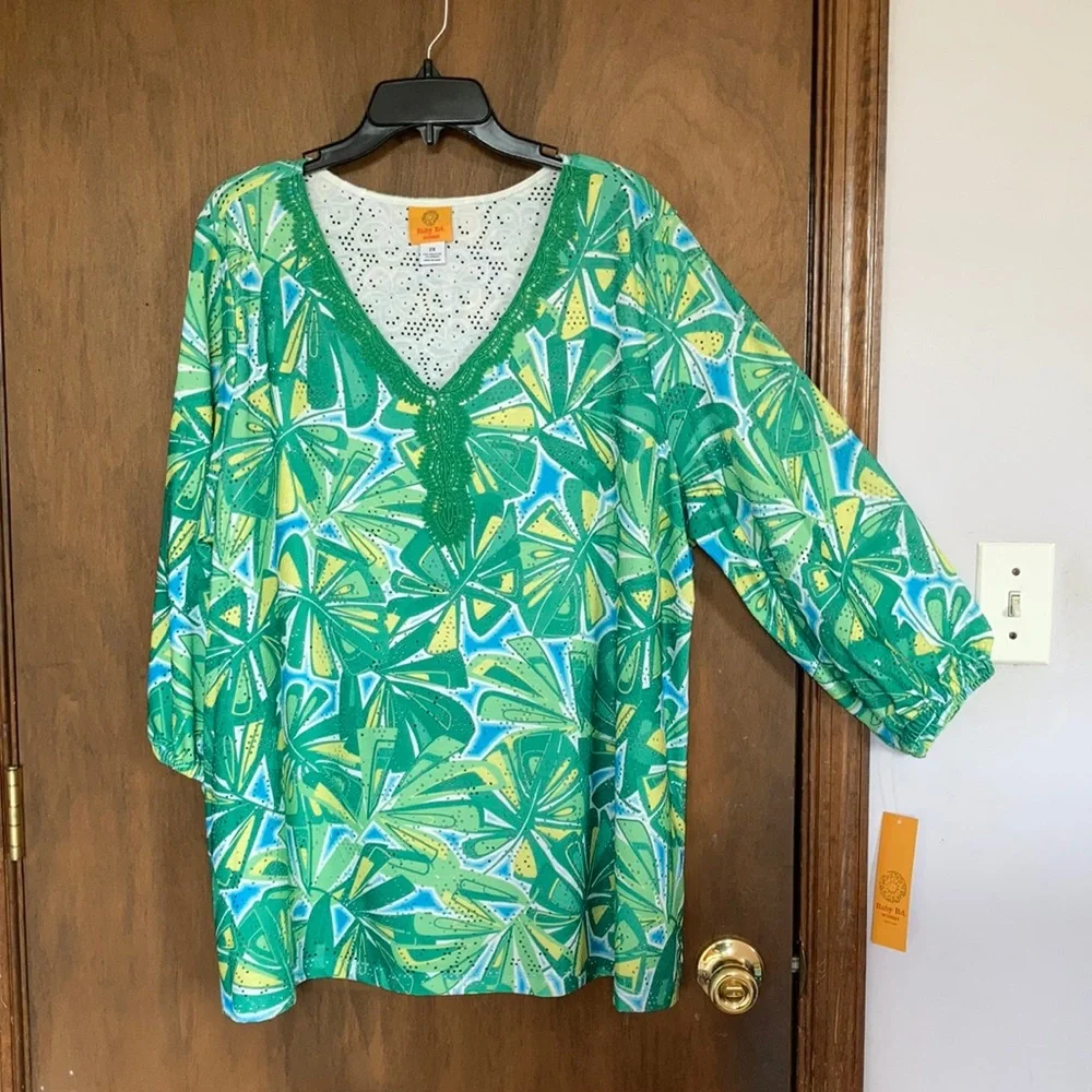 3/$45 Ruby Rd top retro abstract floral print crochet like detail boho blouse 2X - Picture 4 of 17